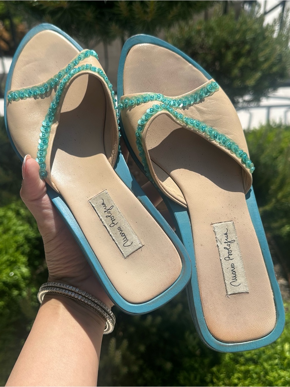 Manolo Blahnik Inspired Mario Bologna Y2K Turquoise Beige Beaded Thong Sandals